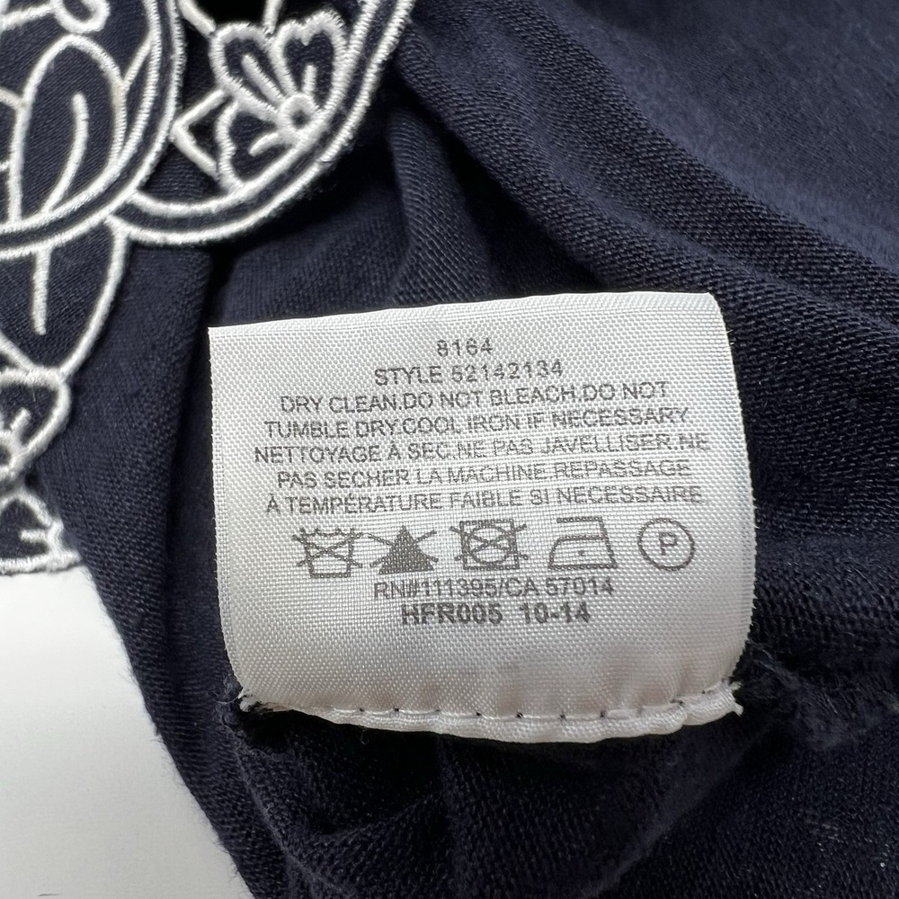 Tory Burch 100% Linen Women's Large Eyelet Trim Blouse Navy Blue Short Sleeve - Picture 9 of 10